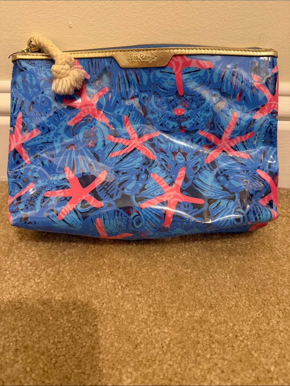 Lilly Pulitzer Blue Cosmetic Pouch with Pink Starfish Print